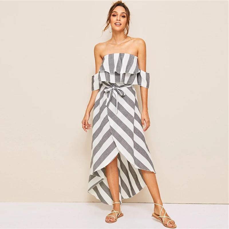 SHEIN, многоцветное длинное платье в полоску с оборкой и тюльпаном, с открытыми плечами, для женщин,, летнее, с высокой талией, Boho wrap Belted, платья