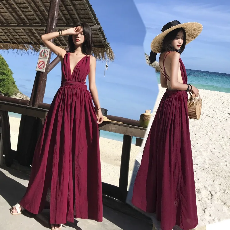 

Women New Sling Beach Dress Summer Deep V-neck Backless Cross Vintage Wine Red Maxi Dress