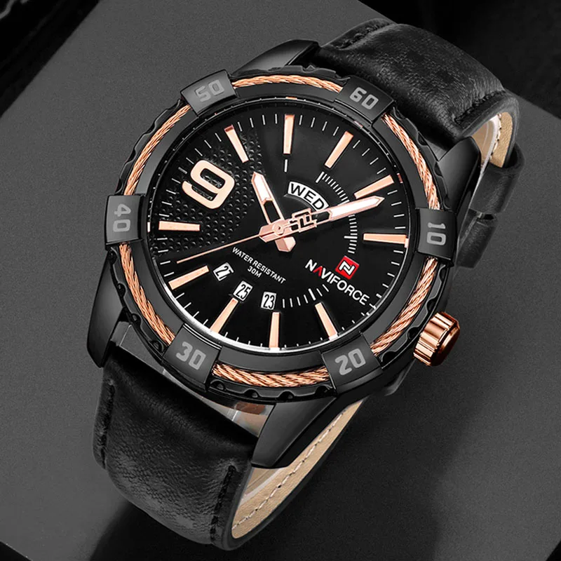 Black Gold Black NAVIFORCE Для мужчин s часы лучший бренд роскошные золотые Роскошные Кварцевые часы Для мужчин Золотой Кожа модные платье в деловом стиле Для мужчин часы - Цвет: Black Gold Black