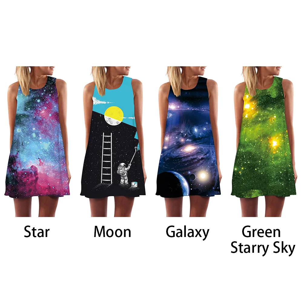 Fashion Sleeveless Light Weight Pullover Women Dress Beach Middle Waist Vacation Crew Neck Digital Printing Comfortable Summer | Женская