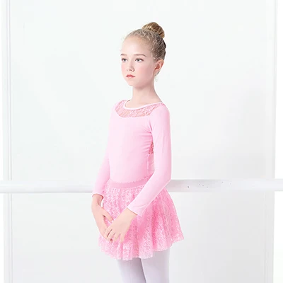 Pink Long Sleeve Детское кружевное балетное платье для девочек, черное гимнастическое трико, хлопковое балетное трико, танцевальная одежда для детей - Цвет: Pink Long Sleeve