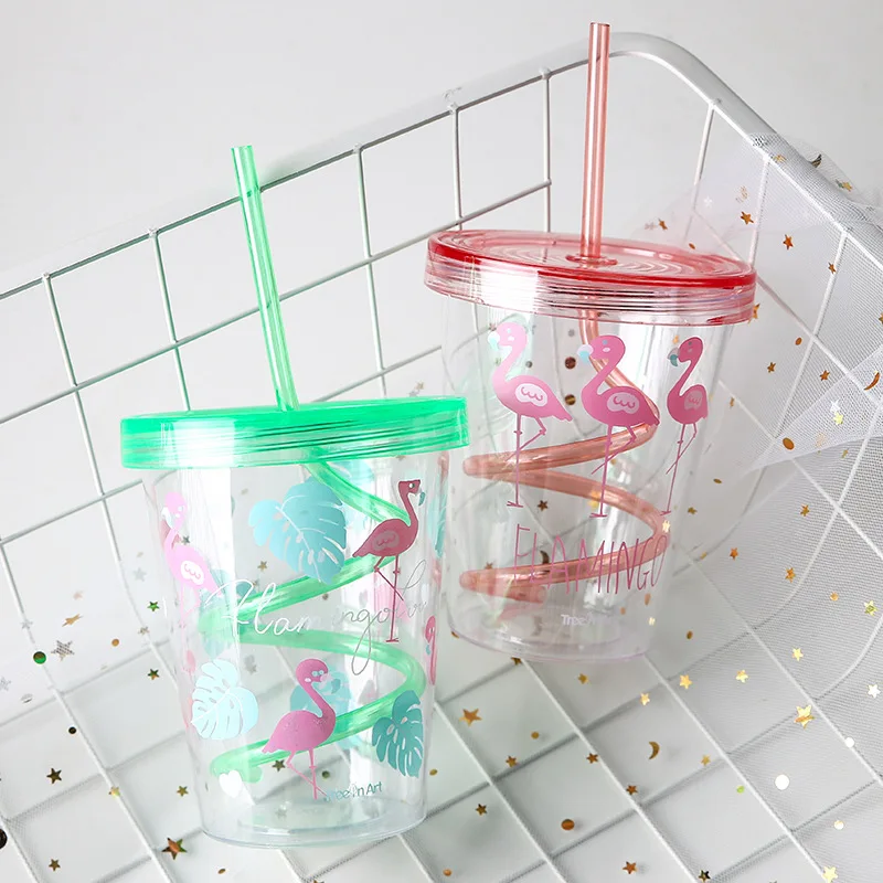 450ml Flamingo Cartoon Cute Plastic Straw Bottle Summer Outdoor Sport Cool Ice Water Bottle Women Office School Drink Bottles