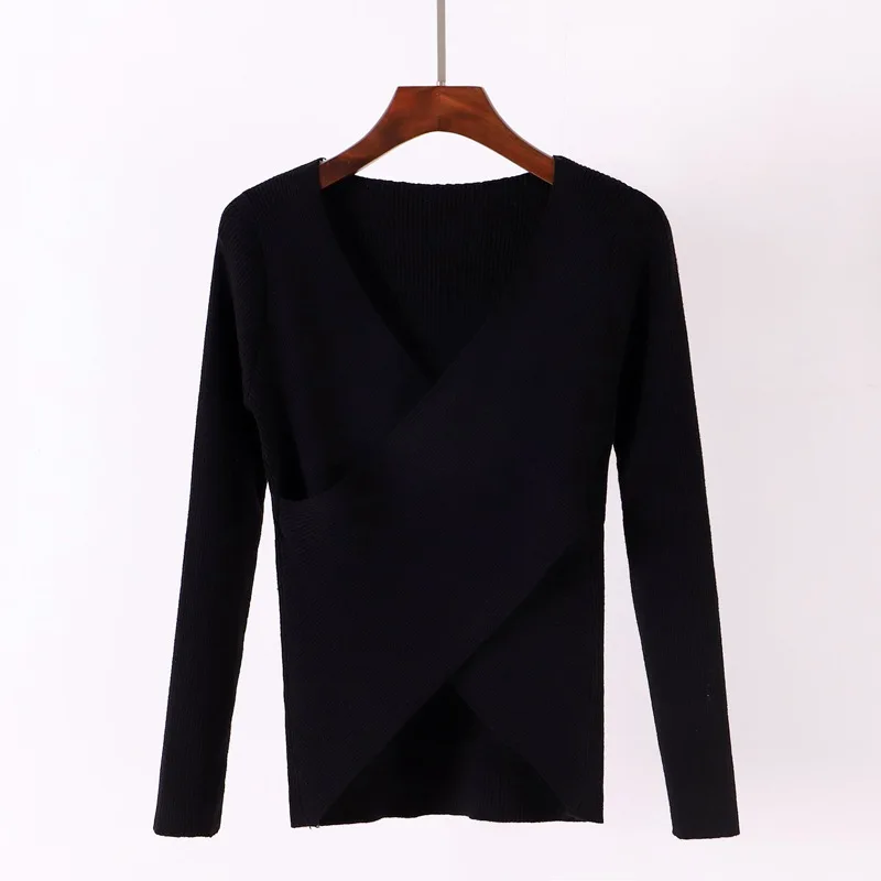 Black 1202 ONLYSVTER Sexy V Neck Wrap Women Pullover Sweaters Autumn Winter Long Sleeve Soft Casual Jumper Ribbed Knitted Pull Top Femme - Цвет: Black 1202