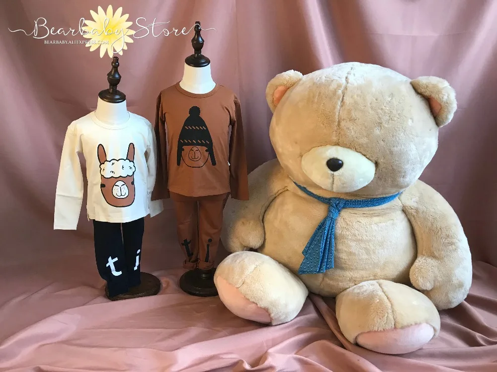 Autumn Winter Kids boys girls Children Clothing Sets TC White/Brown Alpaca Head Print Long Sleeved T-shirt and Pants | Детская одежда и