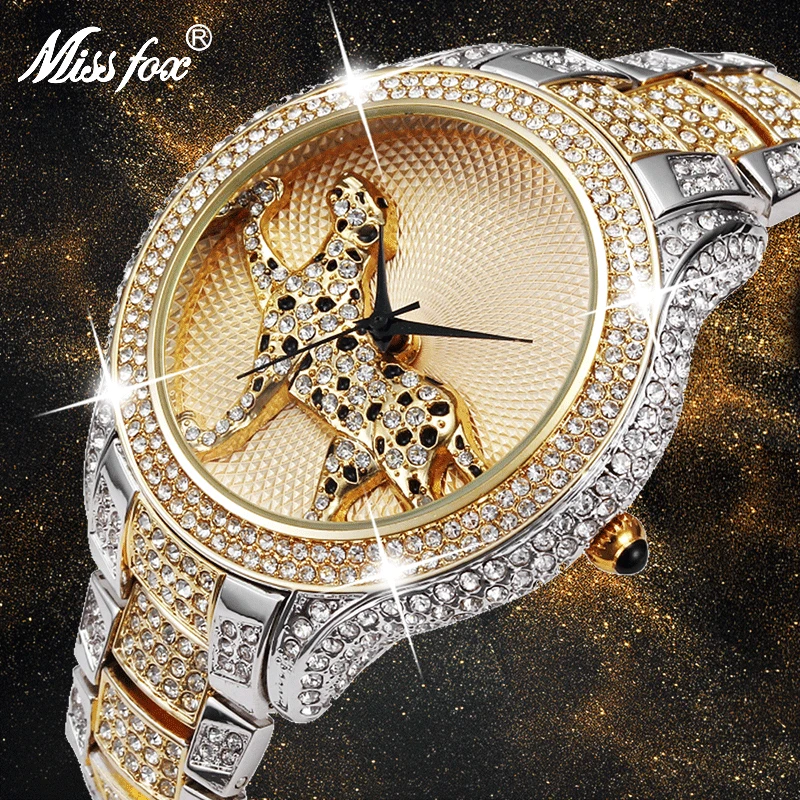 MISSFOX женские часы Bling для женщин кварцевые часы Стразы бренд черный леопард классические часы женские водонепроницаемые наручные часы