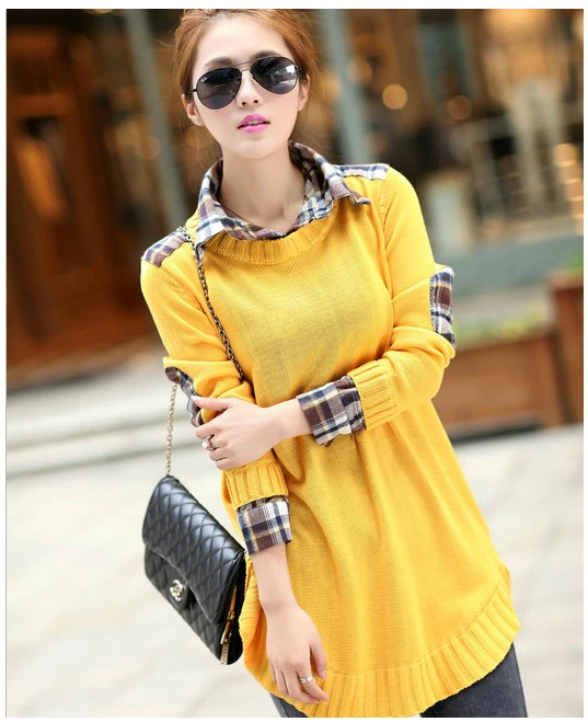 Free shipping 2014 autumn new fashion women's shirt collar in the long section hedging sweater coat | Женская одежда