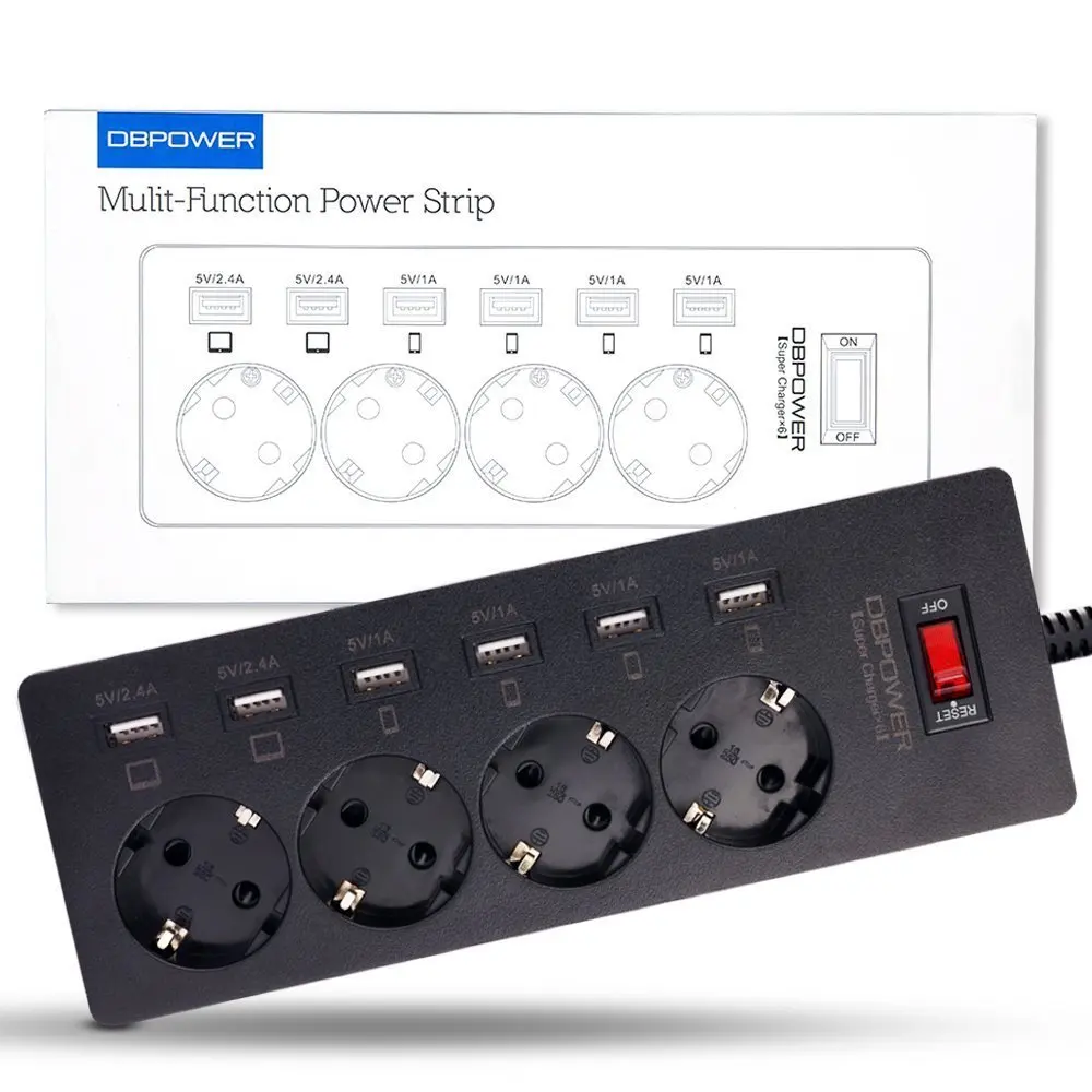 DBPOWER 6-USB и 4-выход ПЕРЕМЕННОГО ТОКА Удлинитель Адаптер 1.8 М Кабель USB Разъем с