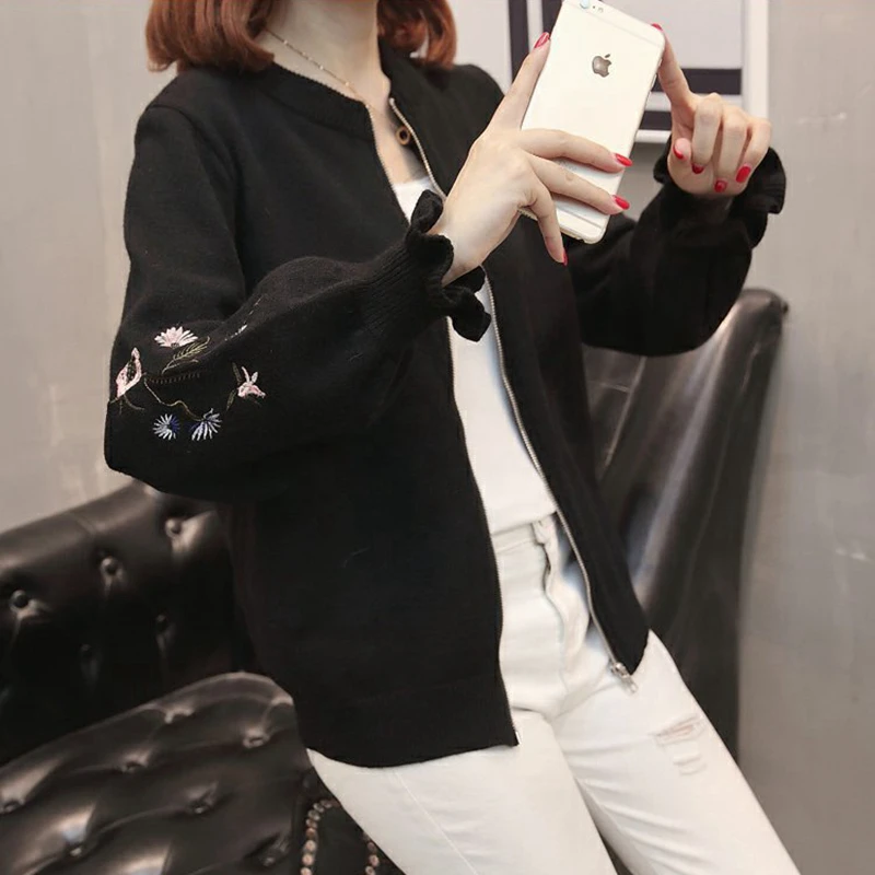 Autumn Winter Women Long sleeve Black beige Knitted Cardigan Female 2019 Fashion Loose Embroidery lady Sweater Jacket |