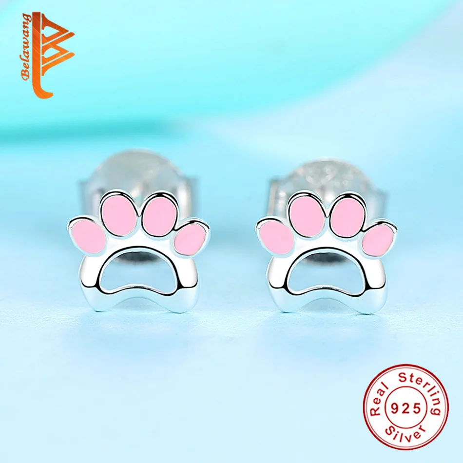 Silver Earrings Children Jewelry Pink Enamel Pet Paw Print Stud for Women Girls Brincos Christmas Gift 2019 | Украшения и
