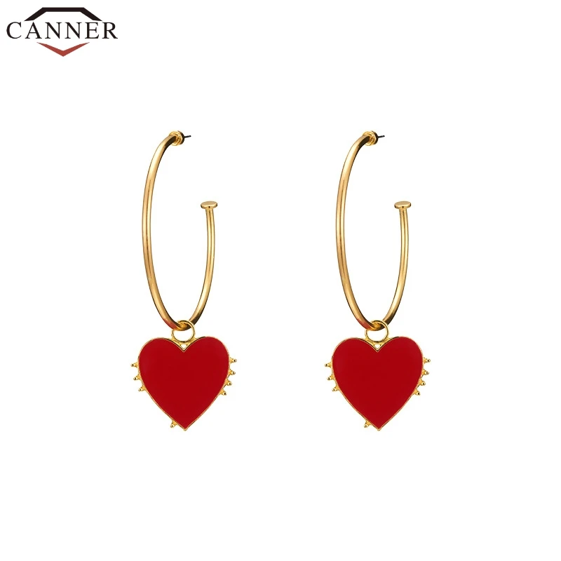 Женские круглые серьги кольца CANNER Золотые с красным сердцем aros mujer oreja