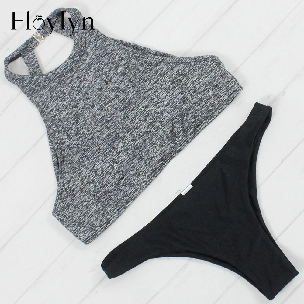 FL01044 Floylyn, мягкий комплект бикини с бретелькой через шею, сексуальный укороченный топ с высоким воротом, купальник,, спортивное бикини, Бразильское бикини высокого качества, пуш-ап - Цвет: FL01044