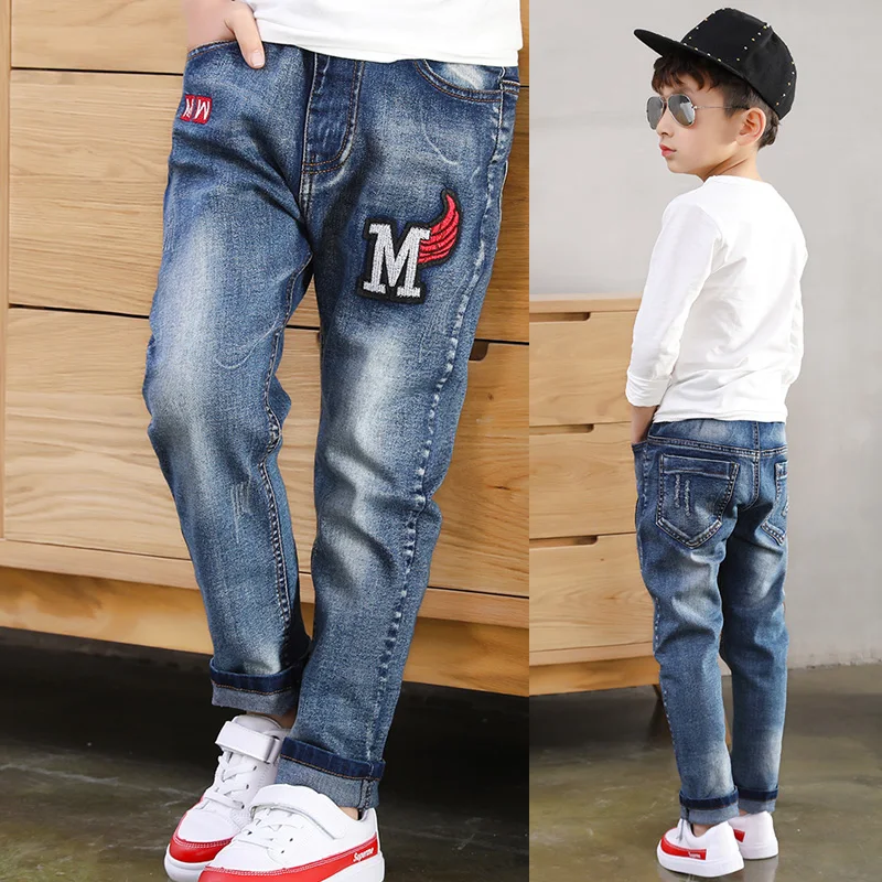 

2019 Big Boy's Jeans Fashion Teen-ages High Quality Elastic Waist Cotton Full Length Jeans Appliques Straight size 100-160