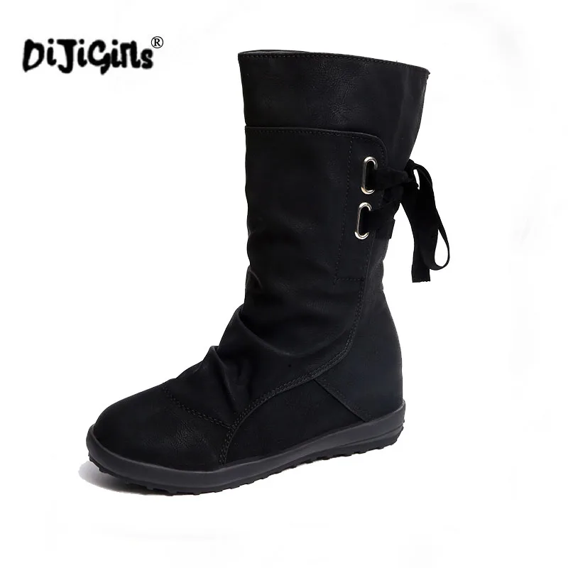 DIJIGIRLS/женские зимние сапоги до середины икры; однотонные зимние сапоги из искусственной кожи на плоской подошве; женские теплые плюшевые сапоги; женские ботинки; большие размеры 34-43
