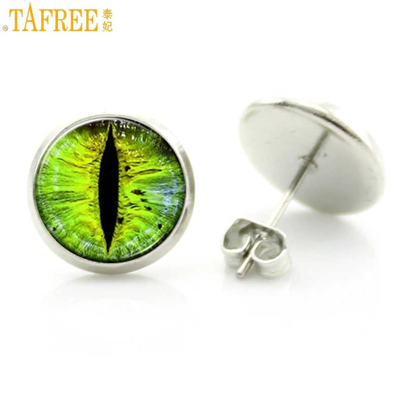 

TAFREE bright color glass cabochon evil dragon eye stud earrings fashion jewelry trendy animal eye picture women charms D638