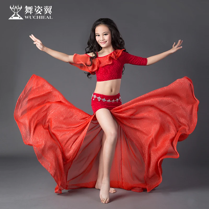 top and 2 skirts Детский костюм для танца живота для девочек, Восточный живот, качающийся балади, танцевальный костюм для восточных индийских танцев, браллет и юбка на поясе, платье, комплект - Цвет: top and 2 skirts