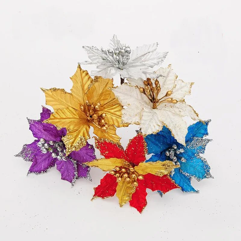 10 шт./лот Рождество 10 см искусственные цветы блестки Poinsettia украшения для дома фестивали Рождественская елка украшения вечерние принадлежности