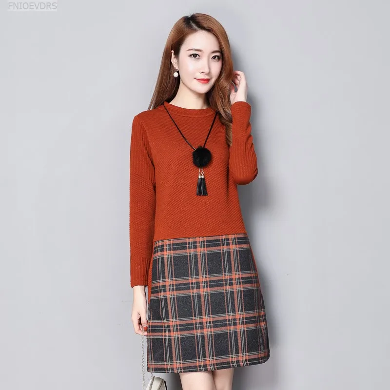 cute dress Осень-зима, Базовые платья, женская мода, длинный рукав, элегантное женское платье из двух частей, пэтчворк, клетчатое мини-платье 9505 - Цвет: cute dress