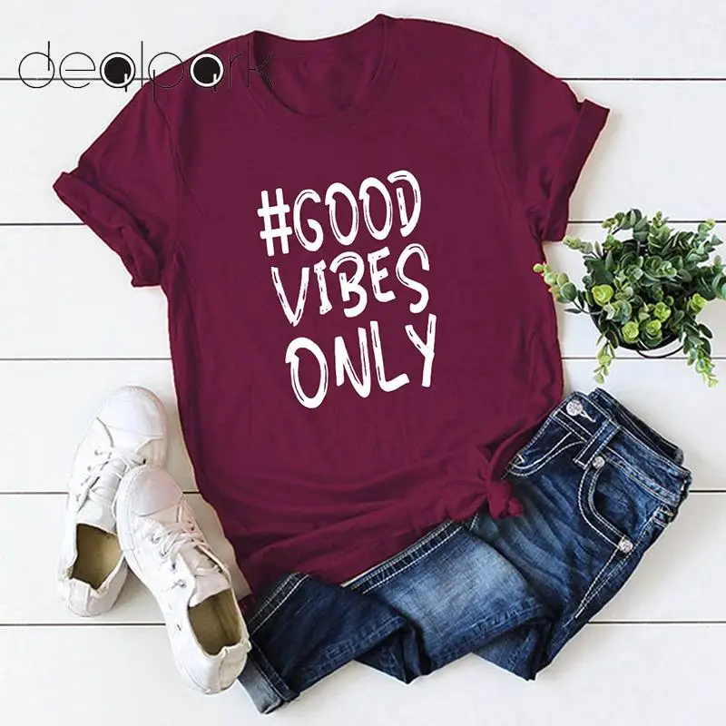 Летние топы 2020 корейские модные туники женские футболки с надписью Good Vibes Only