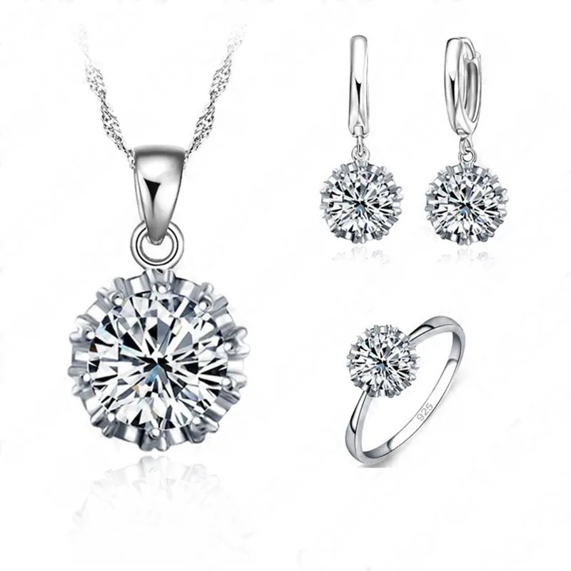 

Wedding 925 Sterling Silver Jewelry Sets For Women Big Stone CZ Cubic Zirconia Necklace/ Earring/ Ring Set Engagement Gift