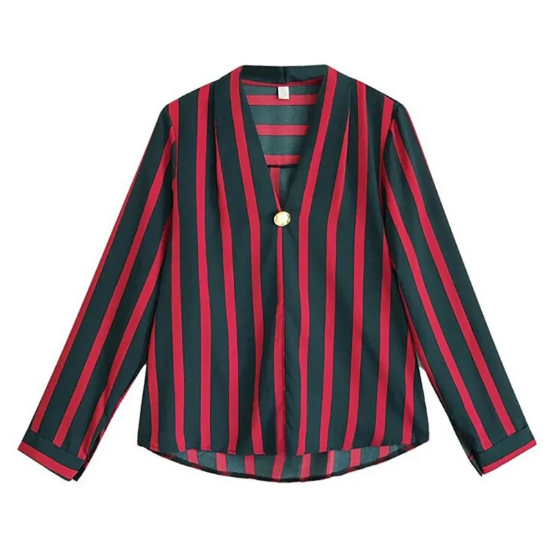 

Women Striped Long Sleeve Chiffon Blouse Shirt Casual Tops Chemisier Femme Blusas Mujer de Moda Female V-neck Shirts