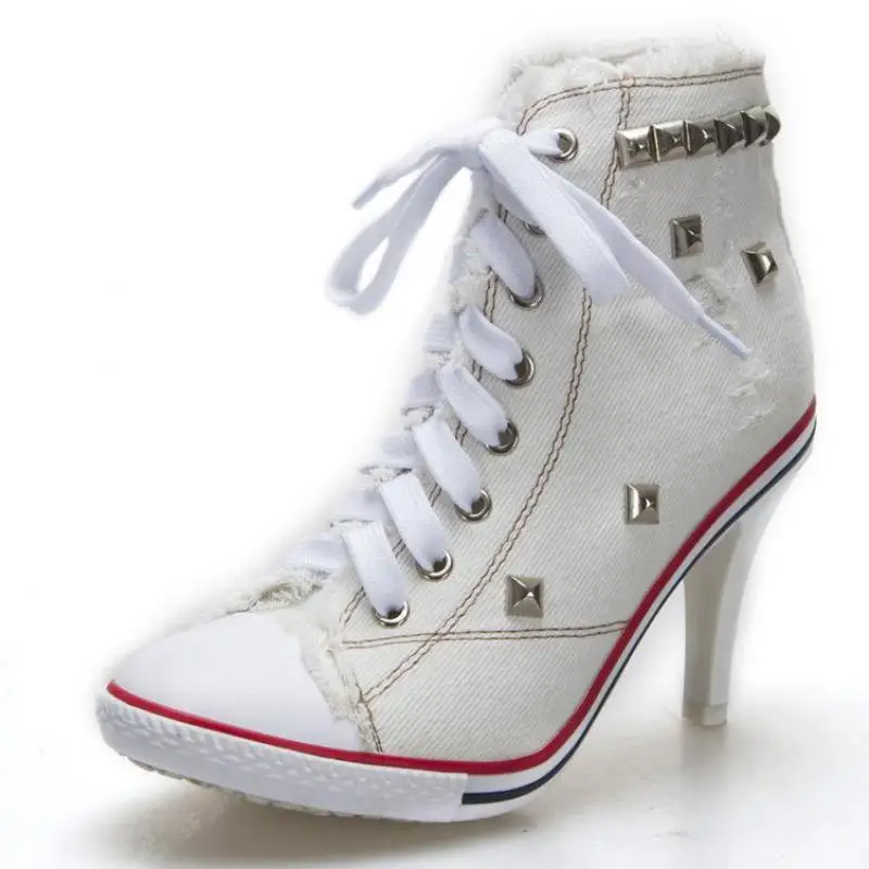 Женская обувь джинсы высокий каблук заклепки парусиновая новая обувь|high heels|women