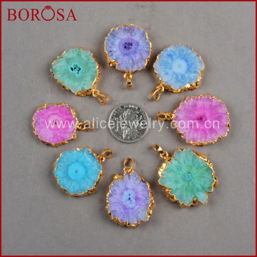 

BOROSA Rainbow Quartz Flower Shape Gold Bezel Pendant Quartz Stone Bead Pendant Druzy Jewelry Gems for Women Free Shipping G0245