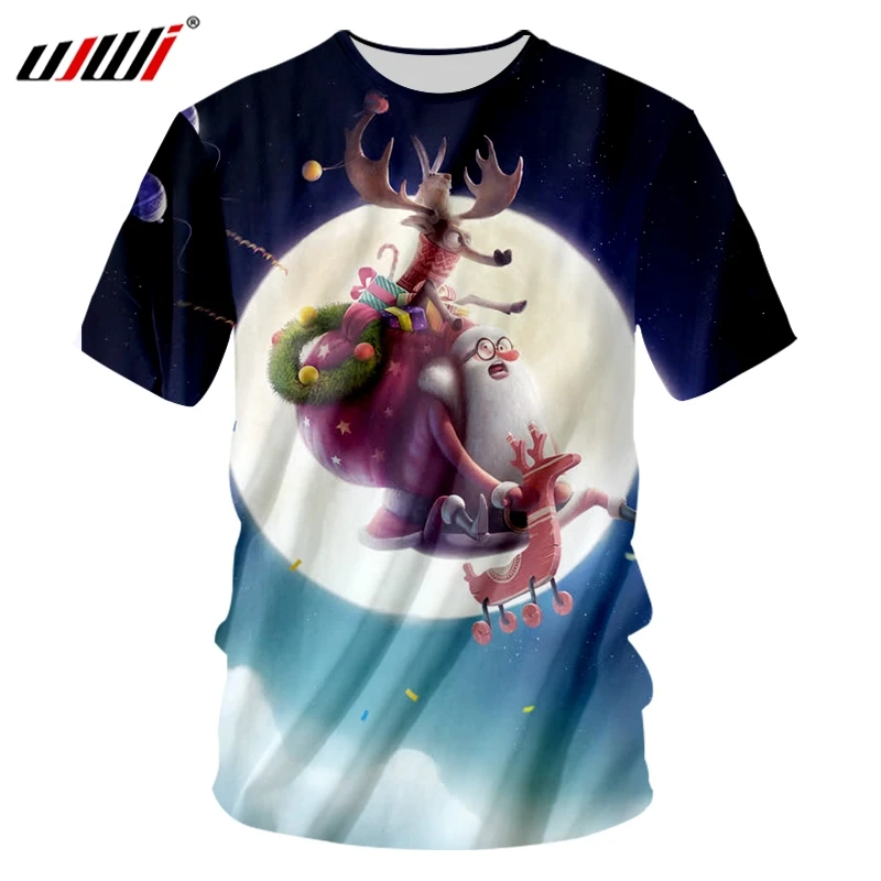 

Футболка UJWI мужская с рождественским принтом Луны, Повседневная рубашка с 3D принтом, с милым Санта Клаусом и оленем, с круглым вырезом