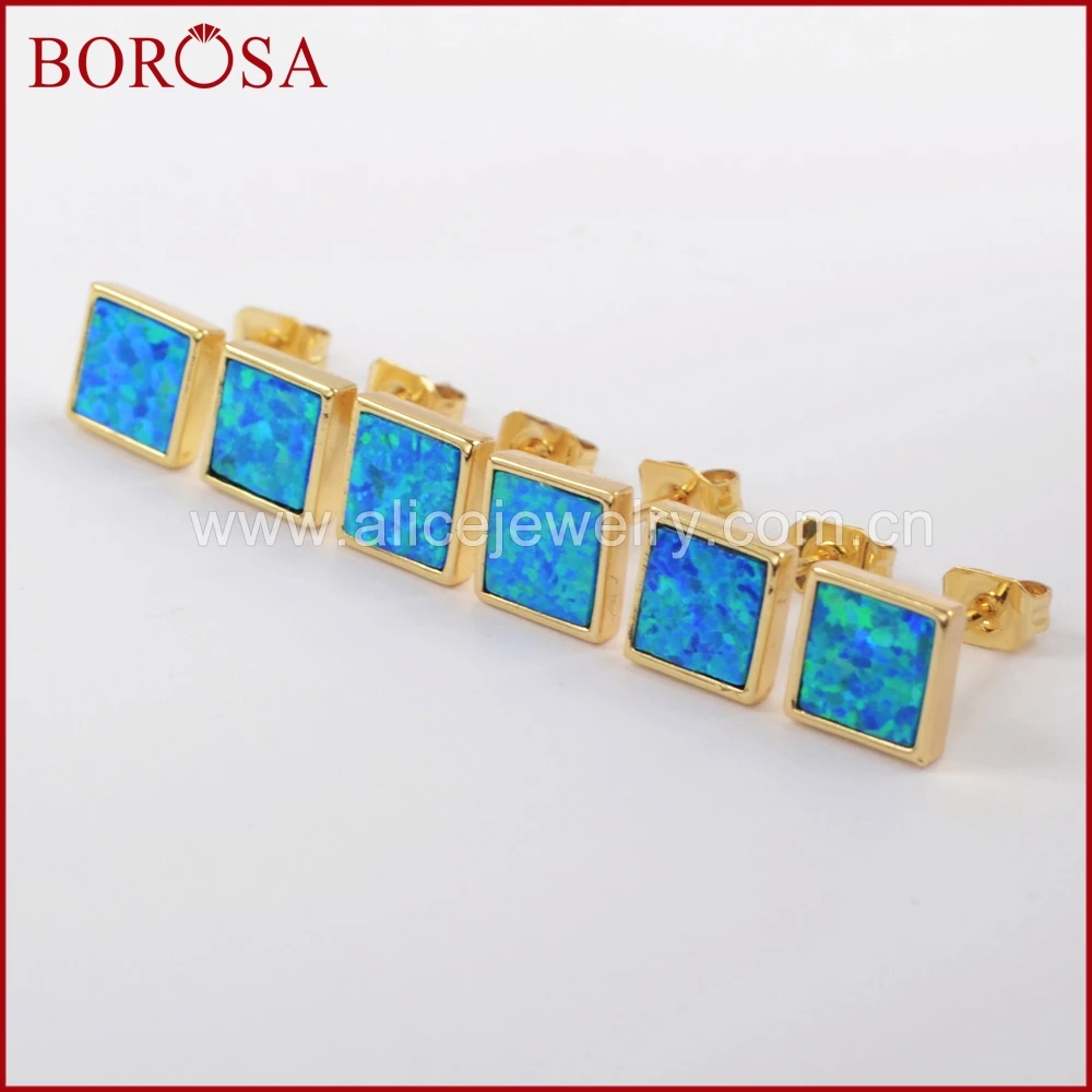BOROSA 2018 New Collection Earrings! Gold Color Bezel Square Blue Opal Stud Earrings for Women Party Druzy Jewelry Gems ZG0225 | Украшения