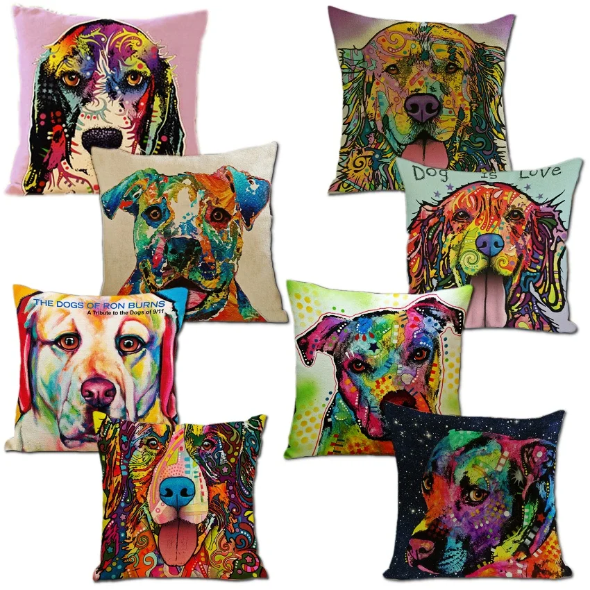 POP Art French Bulldog Puppy Cushion Cover High Quality Square Cotton Linen Animal Colorful Print Pillow Case for Sofa 45x45cm | Дом и сад