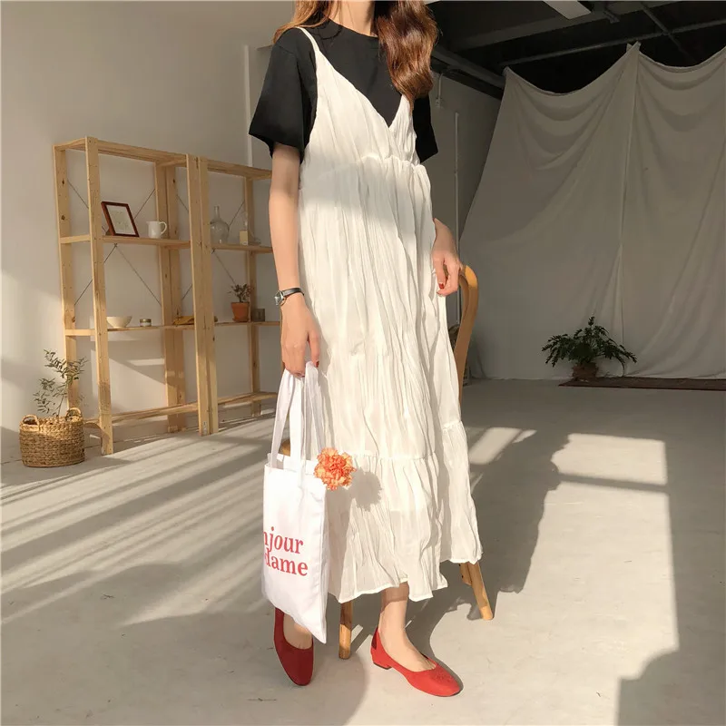 Fishtail Sleeveless Pleated Dress Casual Loose V Neck Vintage Women Sweet Long Summer Streetwear White Beach Chiffon | Женская одежда