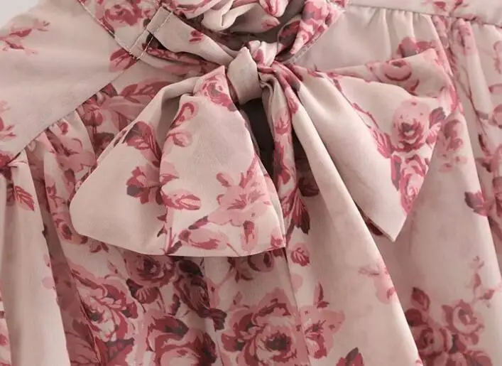 

Spring summer women's long sleeve print bow neck blouse female casual loose spring tops tees TB792