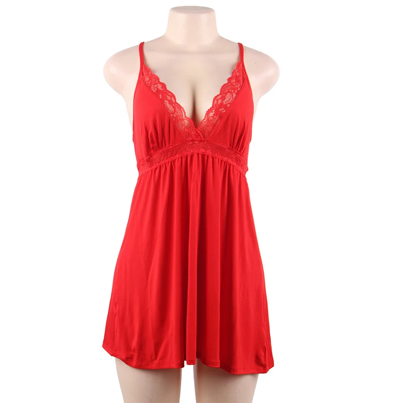 red Sleepwear Женская ночная рубашка с кружевной лямкой на шее, хлопковая сексуальная пижама высокого качества, M 3XL 5XL, ночная рубашка с высокой талией для женщин RS80732 - Цвет: red Sleepwear