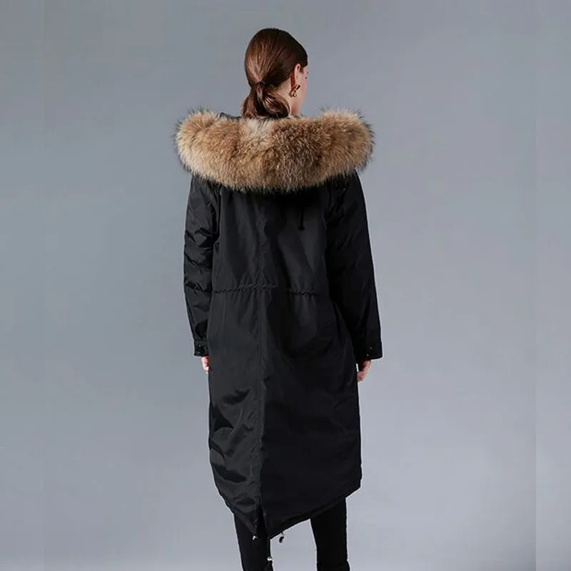 Большой натуральный мех енота 2018 зимняя куртка женская Свободная длинная