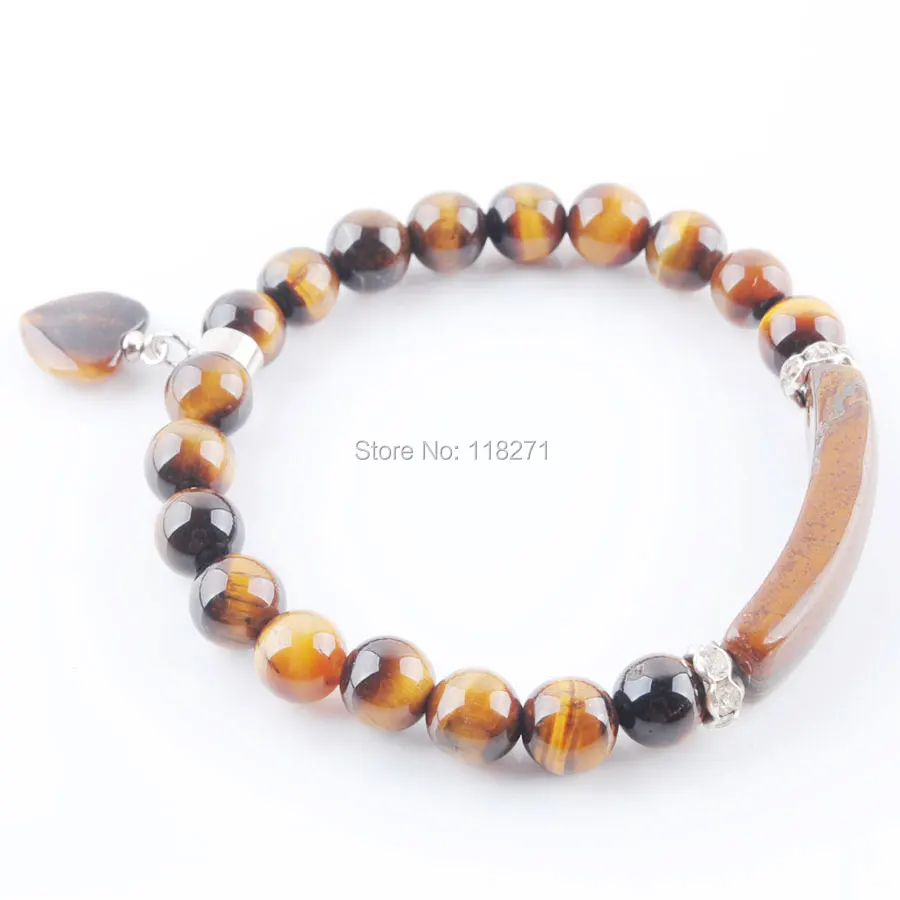 

Natural Stone Beads Tiger Eye Strand Bracelets & Bangles Heart Shape Silver-color Fitting Women Jewelry Love Gifts PK3313