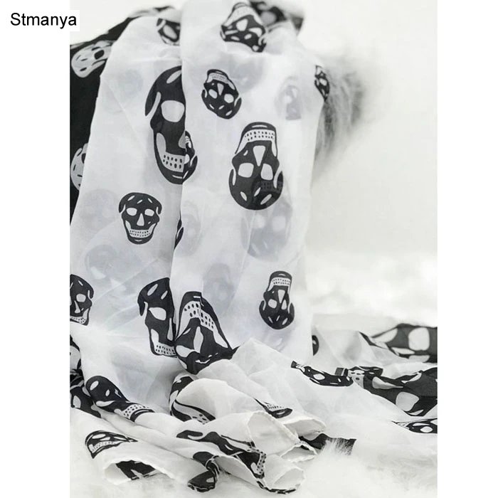 Skull White Женский шифоновый шарф 150*45 см тонкие стильные шарфы с принтом кошки звезды леопарда шали и шарфы лучший подарок на вечеринку 22009 - Цвет: Skull White