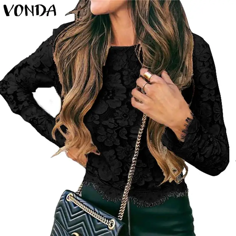 VONDA, Женская белая кружевная блузка,, Женская туника, сексуальные, полые, вечерние, топы, Пляжная рубашка, Повседневная, с длинным рукавом, Blusas размера плюс S-5XL