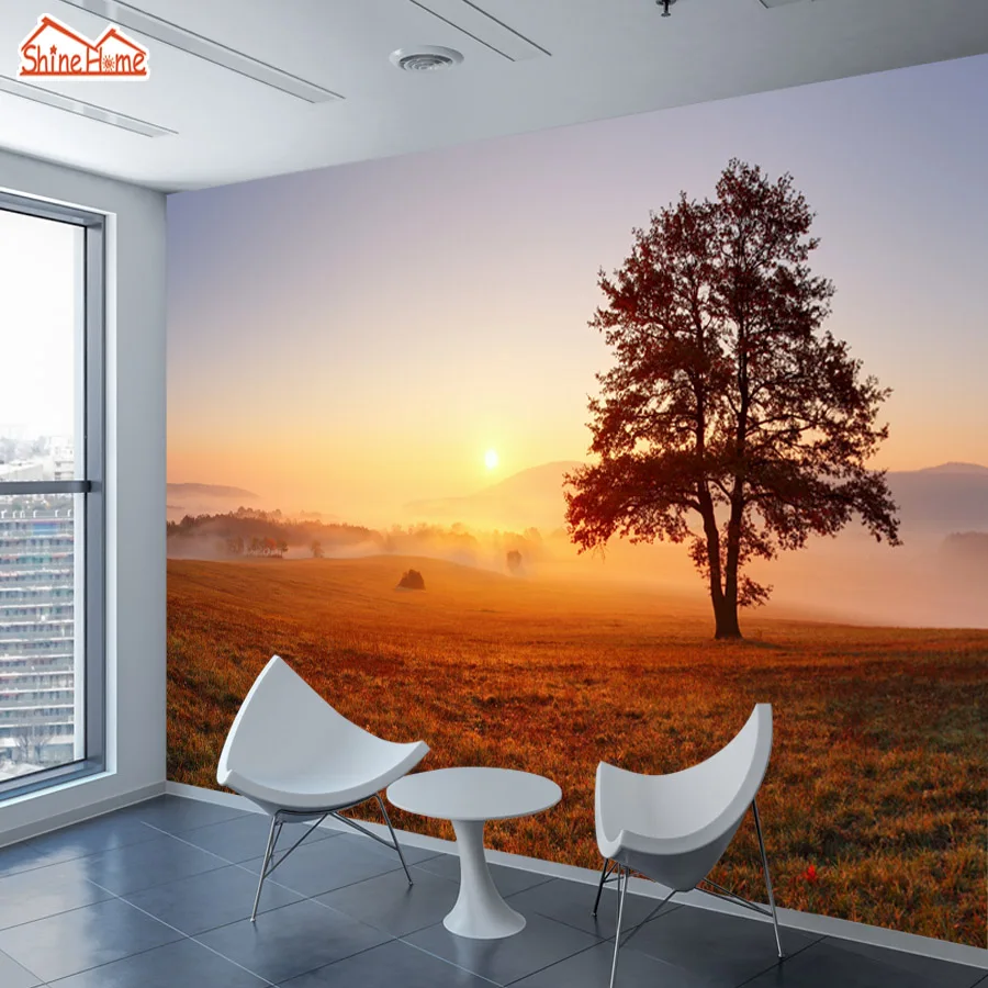 

ShineHome-Photo Custom Wallpapers Mural Rolls for Walls 3 d Living Room Alone Tree on Meadow at Sunset 3d Wall Paper Home Art