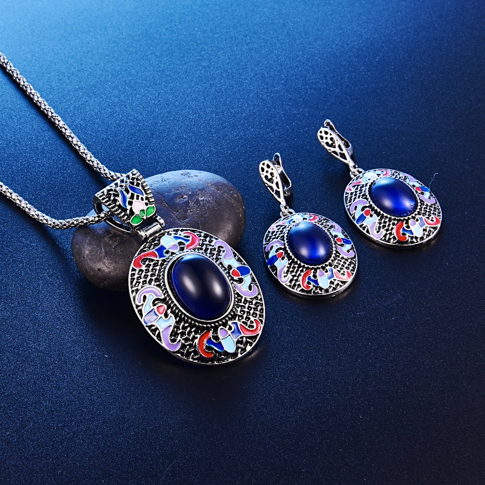 Винтажные Подвески ожерелье серьги Ювелирные наборы для женщин овальный синий