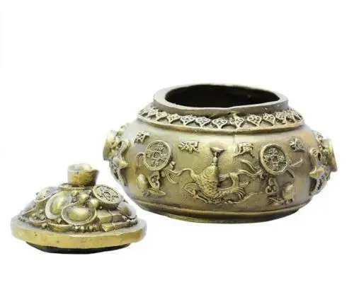 

Chinese Folk Pure Bronze Wealth Treasure Bowl 5 Road Wealth God Mammon Statue Censer Blessing Tripod Cornucopia