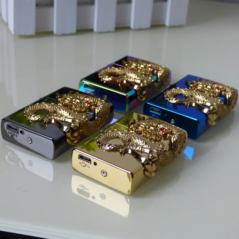 Двойная дуговая зажигалка, металлический двойной огонь, USB, электронная сигарета, дуговая зажигалка, зарядка, Ветрозащита, зажигалки с драконом