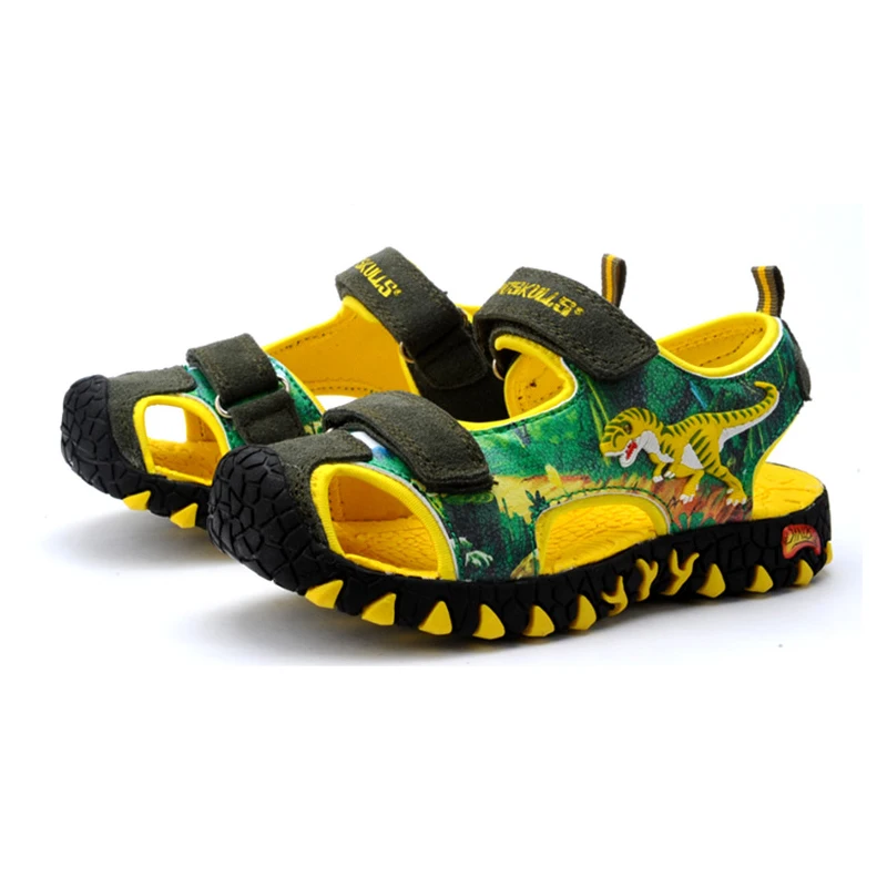 Army Green Dinoskulls/сандалии для мальчиков; светильник со светодиодной подсветкой; Летняя детская обувь с 3D рисунком динозавра; кожаные детские пляжные сандалии; коллекция года; противоскользящая светящаяся обувь - Цвет: Army Green