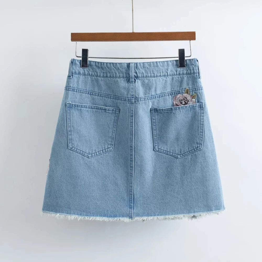 Женская джинсовая мини юбка с высокой талией 2017 разрезная пуговица карманы на