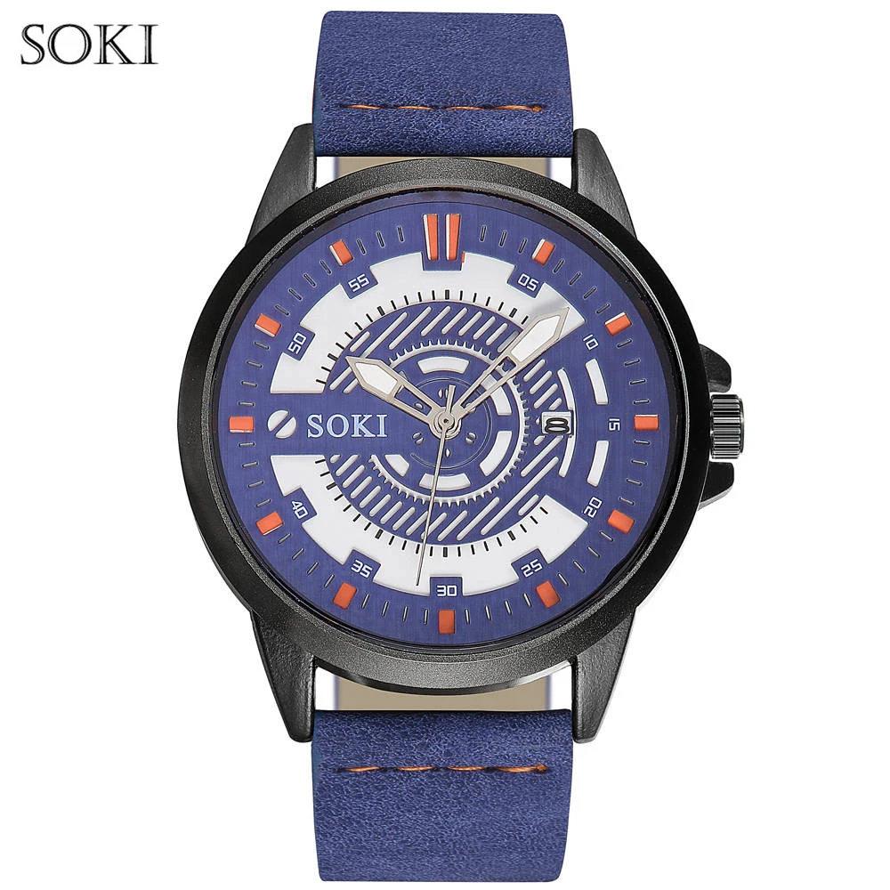 Мужские кварцевые часы с большим циферблатом кожаным ремешком|Мужские