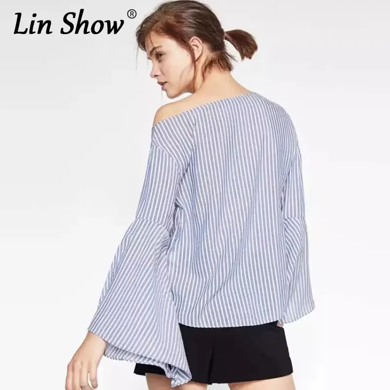 Linshow боковой молнии с плеча полосатый Для женщин Рубашки для мальчиков