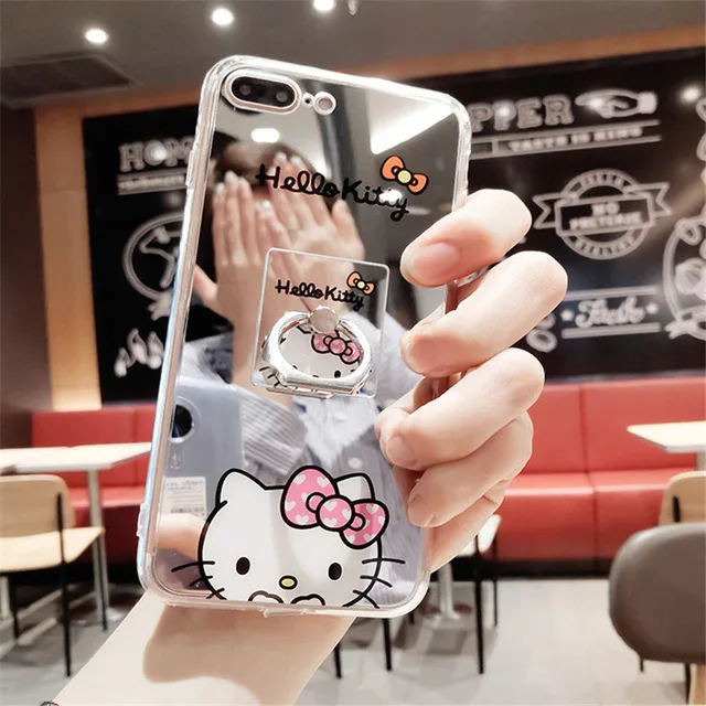 Konсерый Модный милый мультяшный Кот зеркальный Телефон чехол для iPhone 6 6s 7 8 Plus 5 SE 5s X XS MAX XR Силиконовые чехлы ТПУ задняя крышка - Цвет: Shell plus bracket
