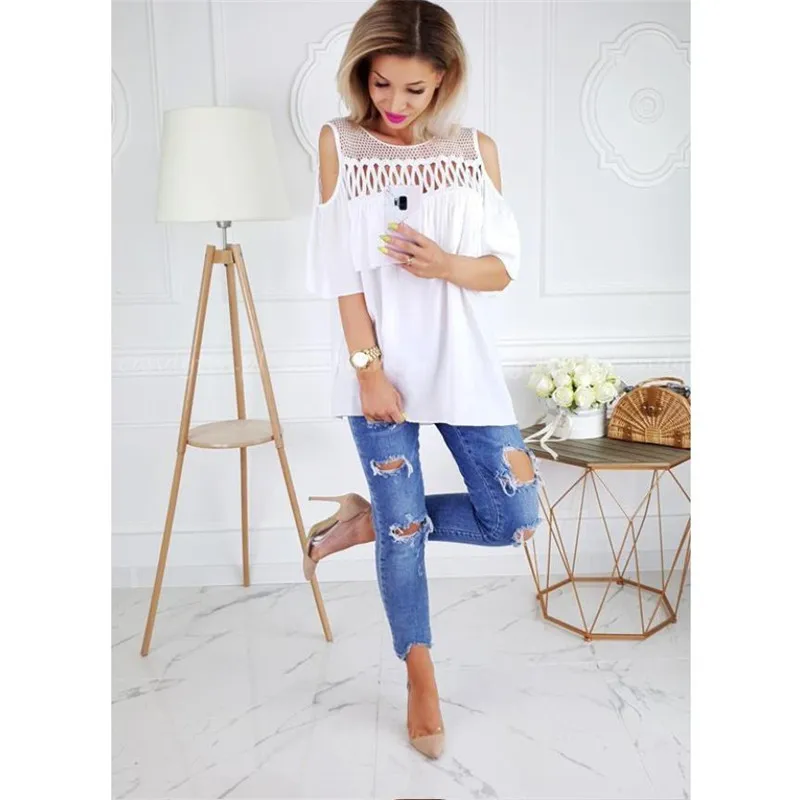 Летние женские топы с открытыми плечами футболки сетчатая Лоскутная футболка