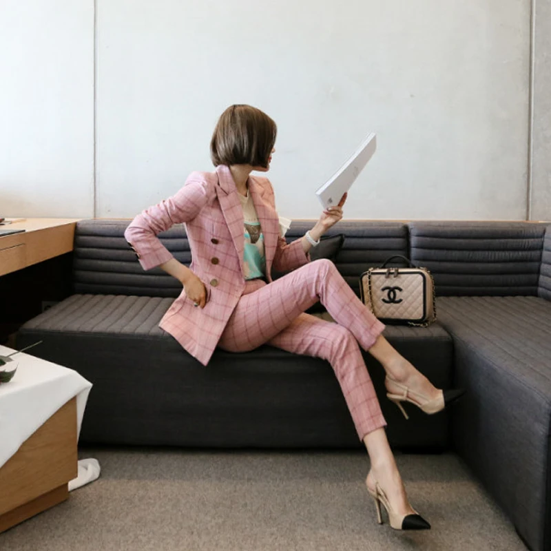 High Quality New Spring and Autumn Korean Fashion Double-breasted Slim Waist Small Suit Plaid Casual Jacket Two-piece Female | Женская