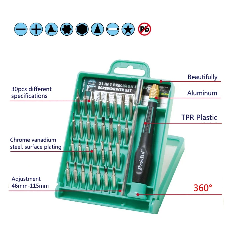 Pros'kit SD-9802 многофункциональная 31 в 1 компьютерная Прецизионная отвертка набор ремонтных инструментов разборка мобильного телефона