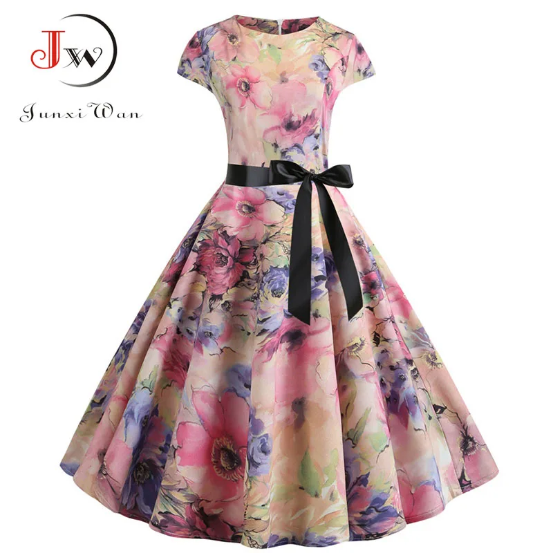 Платье женское винтажное с коротким рукавом и цветочным принтом офисное а