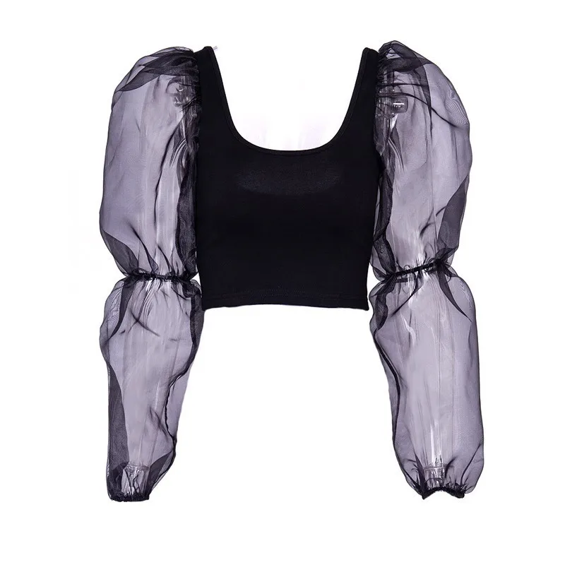 

LIBERJOG Women Crop Tops Sexy Stretch Knitting Splice Transparent Gauze Puff Long Sleeve Short Tops Bodycon Female